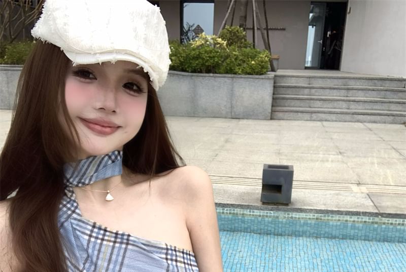 Fit Plaid Asymmetrical Slim Neck Sheer Top Halter