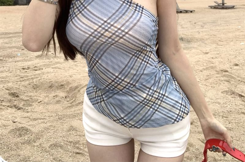 Fit Plaid Asymmetrical Slim Neck Sheer Top Halter