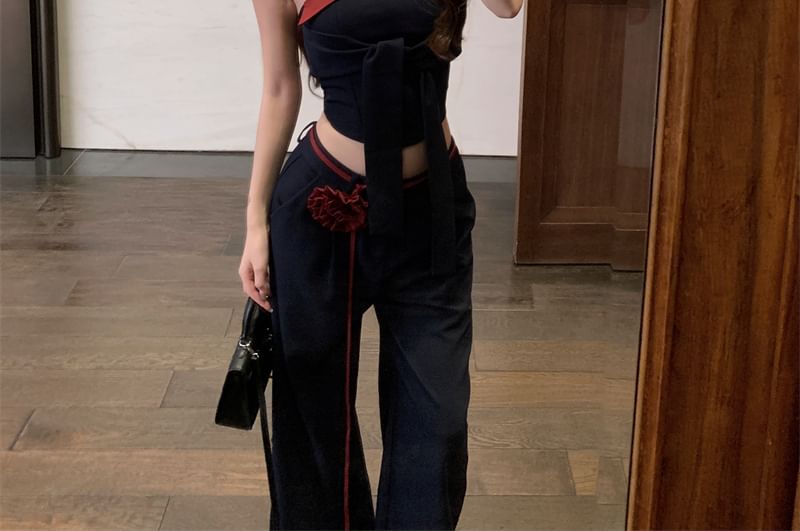 Waist Wide Crop Leg Top Two Front Tone Low Tie Tube Plain Pants /