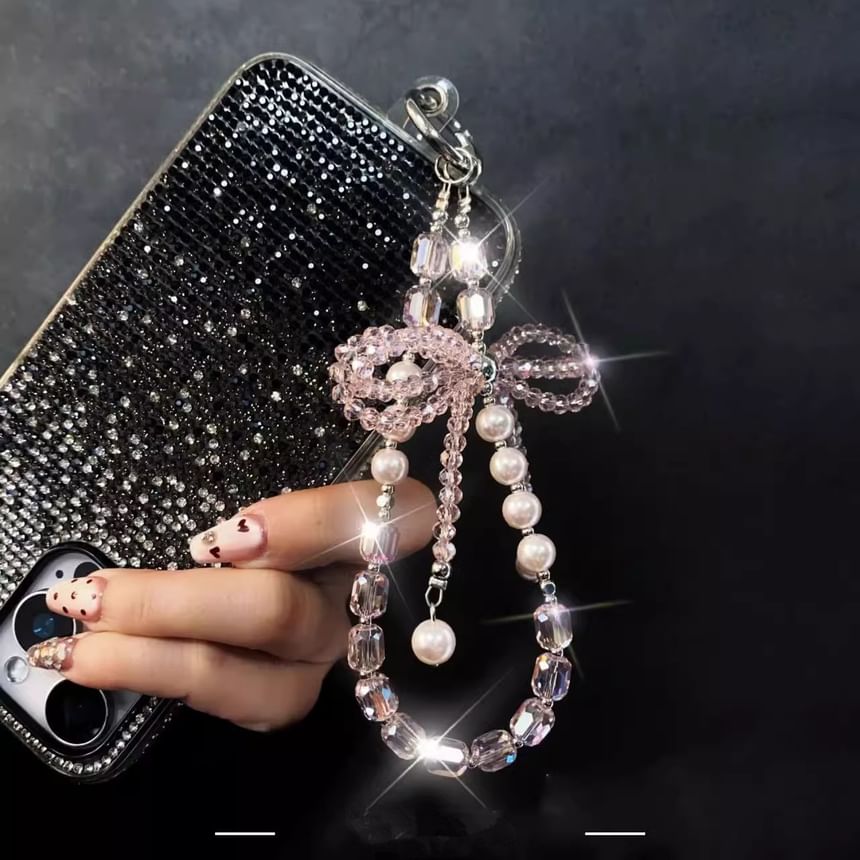 with Lanyard Pad Pearl Phone Faux Strap Bow Crystal