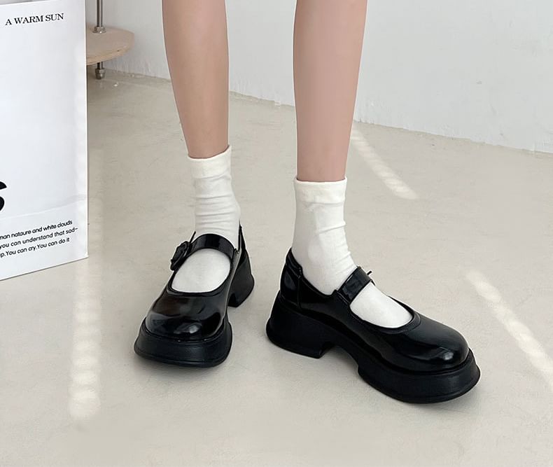 Platform Faux Plain Leather Shoes Buckled Jane Mary