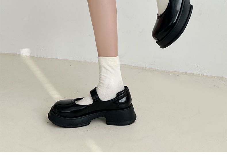 Platform Faux Plain Leather Shoes Buckled Jane Mary