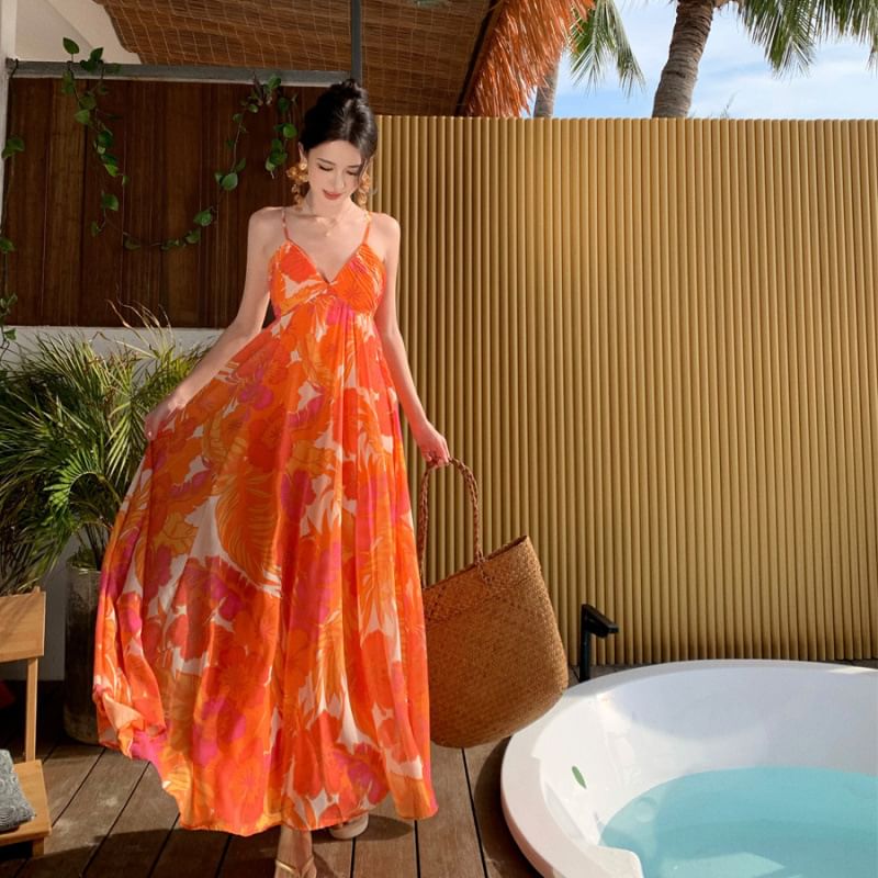 Print Strap V-Neck Floral Maxi Spaghetti A-Line Dress
