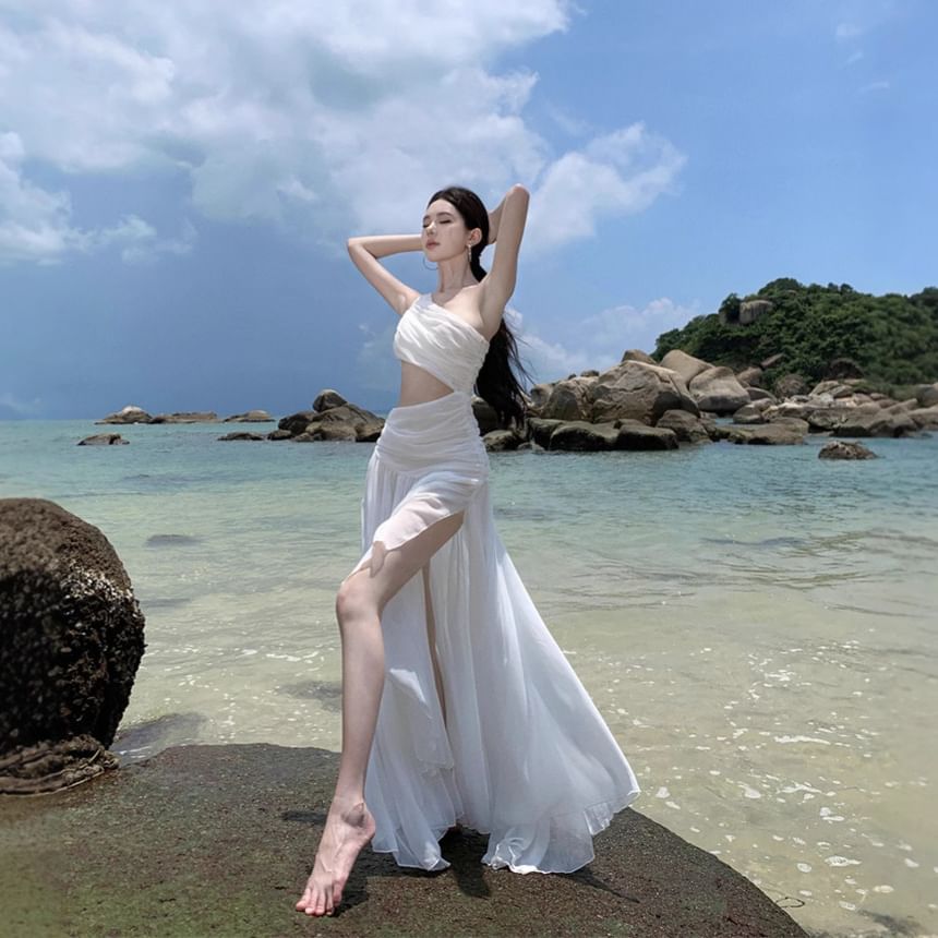 Dress Shoulder Plain Ruched Maxi Sleeveless A-Line One