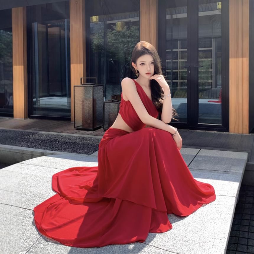 Dress Shoulder Plain Ruched Maxi Sleeveless A-Line One