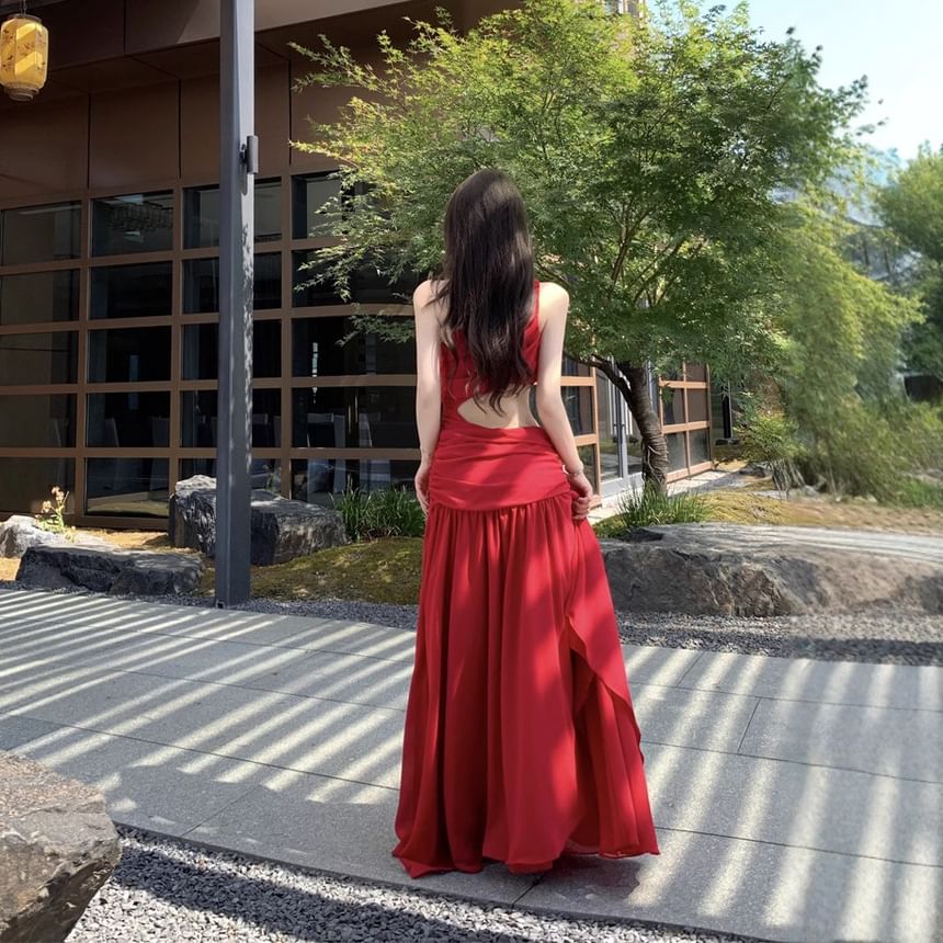 Dress Shoulder Plain Ruched Maxi Sleeveless A-Line One