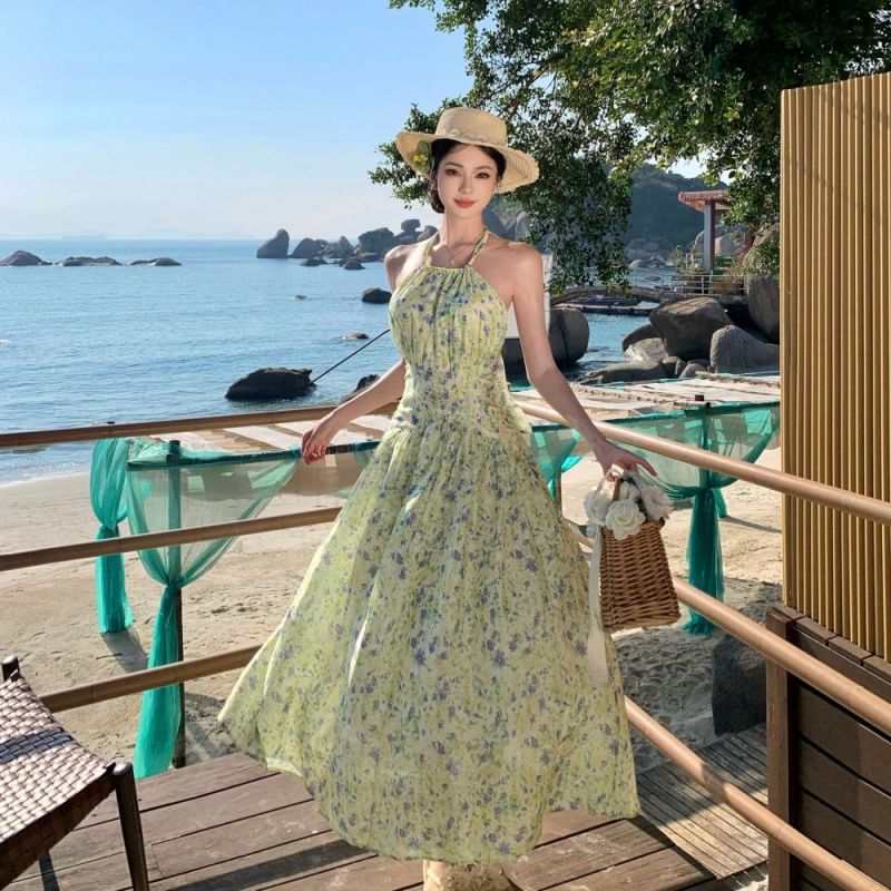 Midi Dress Neck Flower Halter A-Line Print