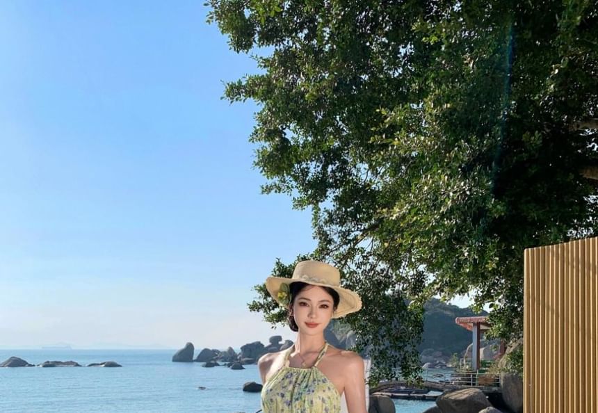 Midi Dress Neck Flower Halter A-Line Print