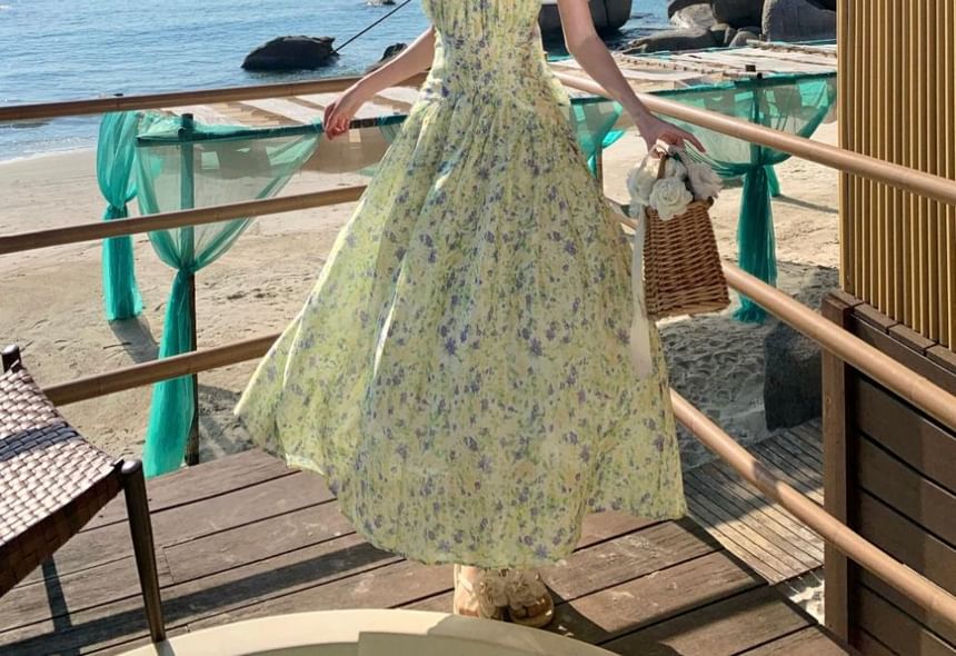 Midi Dress Neck Flower Halter A-Line Print