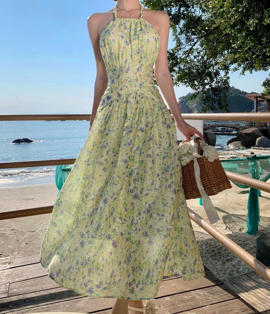 Midi Dress Neck Flower Halter A-Line Print