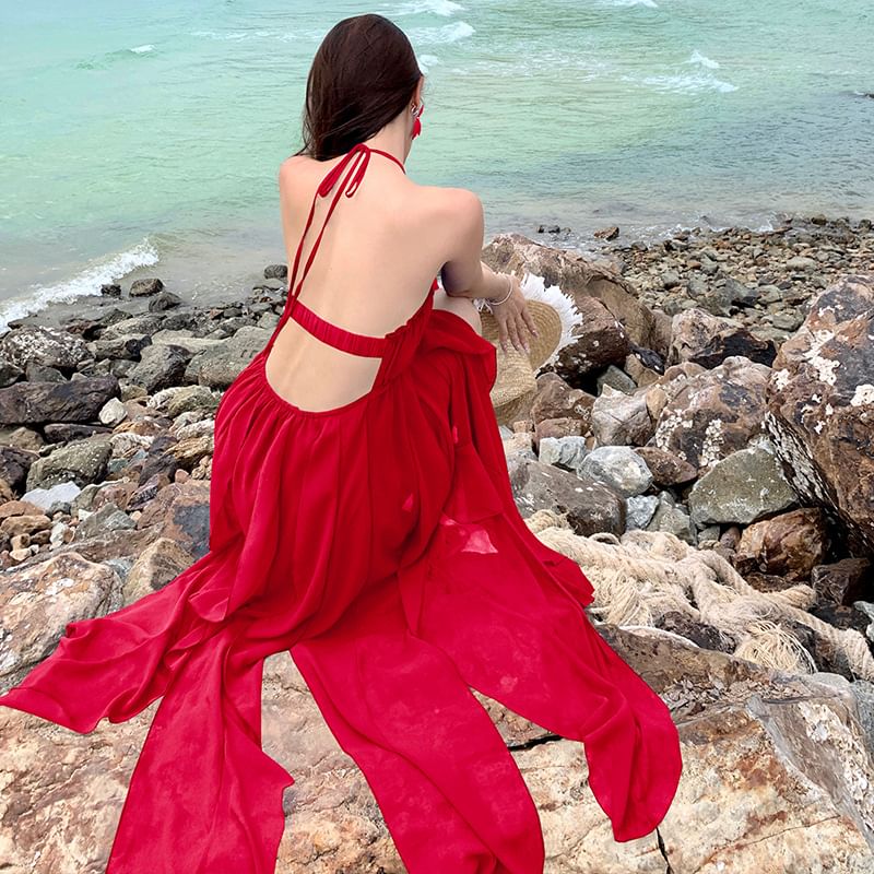 Halter Dress Plain Trim Maxi Neck A-Line Ruffle Spaghetti Strap