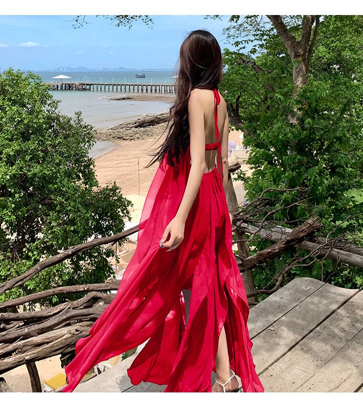 Halter Dress Plain Trim Maxi Neck A-Line Ruffle Spaghetti Strap