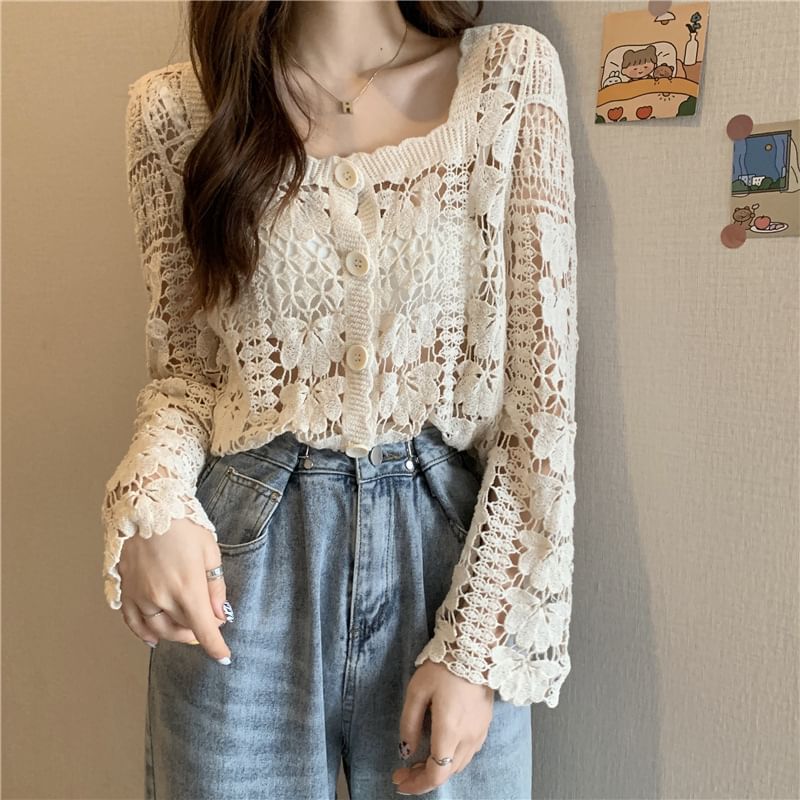 Crochet Neck Cropped Floral Cardigan Square