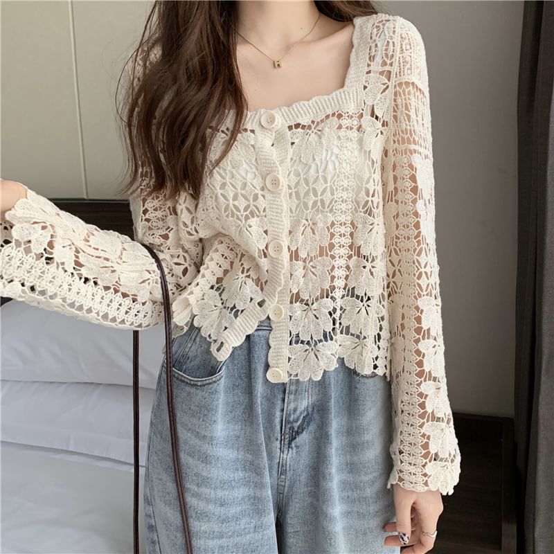Crochet Neck Cropped Floral Cardigan Square