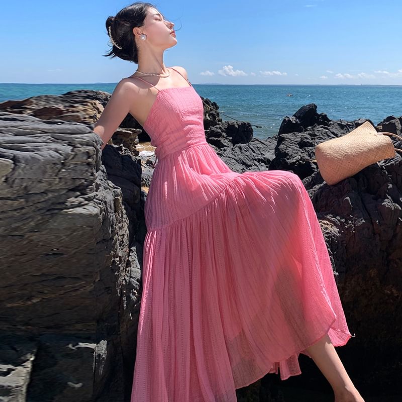 Maxi A-Line Textured Spaghetti Strap Plain Dress