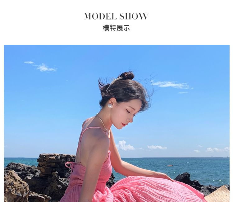 Spaghetti Plain A-Line Strap Textured Maxi Dress