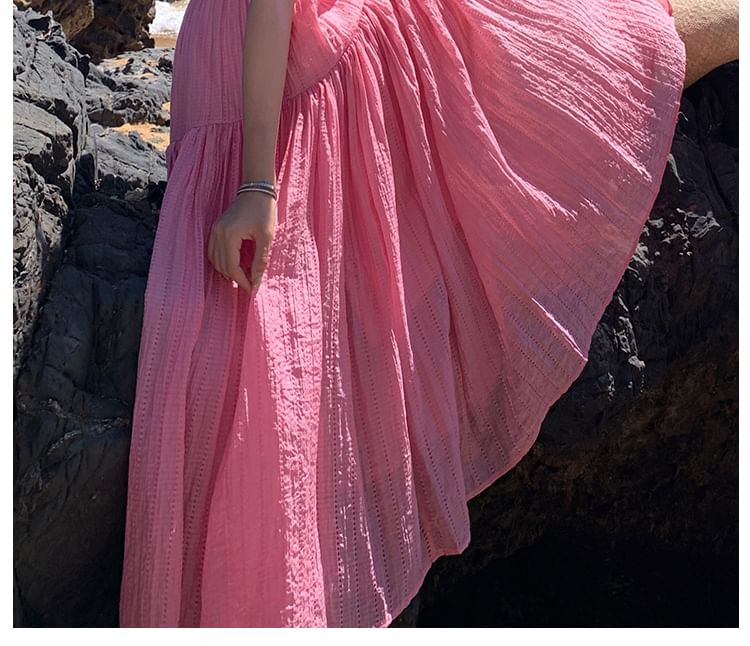 Spaghetti Plain A-Line Strap Textured Maxi Dress