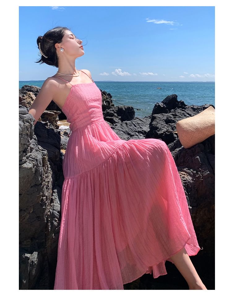 Maxi A-Line Textured Spaghetti Strap Plain Dress