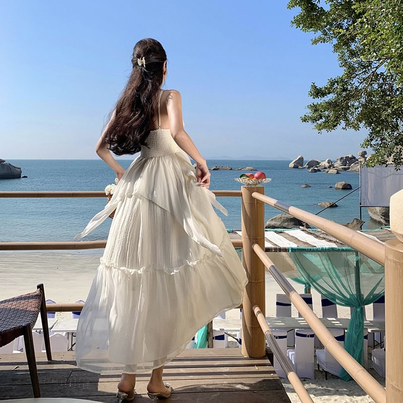 Strap Maxi Plain Ruffle Dress Spaghetti A-Line Trim V-Neck