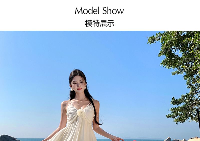 Strap Maxi Plain Ruffle Dress Spaghetti A-Line Trim V-Neck