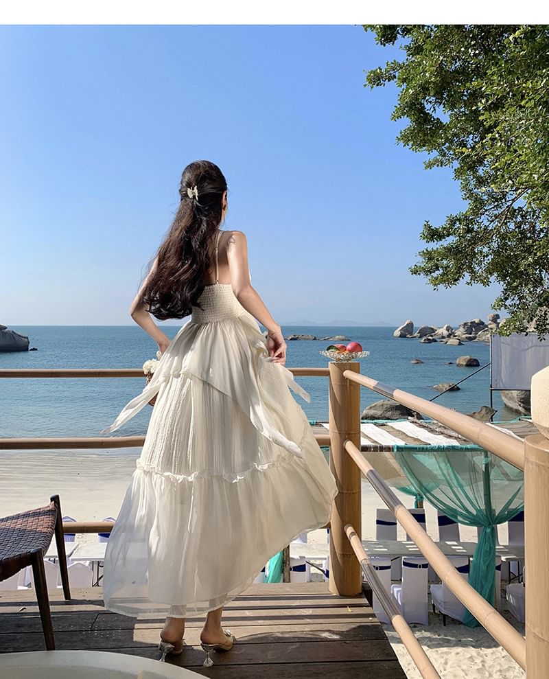 A-Line Maxi Strap Ruffle Plain Spaghetti V-Neck Dress Trim