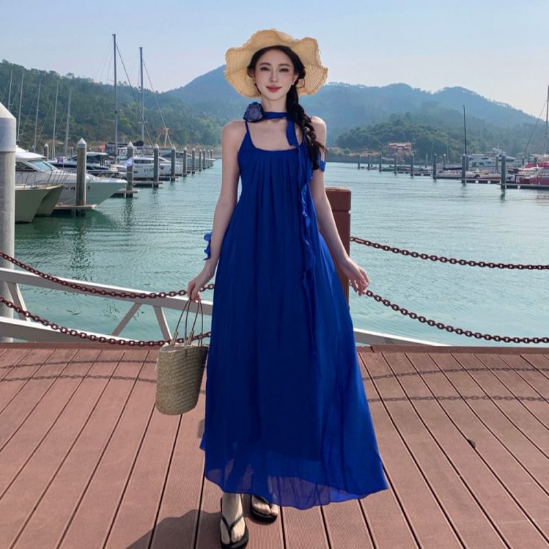 Scoop Dress Plain A-Line Maxi Neck Ruffle Strap Trim Spaghetti