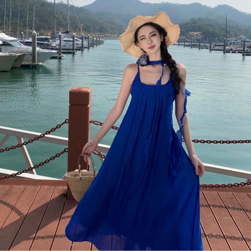 Strap A-Line Maxi Dress Ruffle Scoop Trim Neck Spaghetti Plain