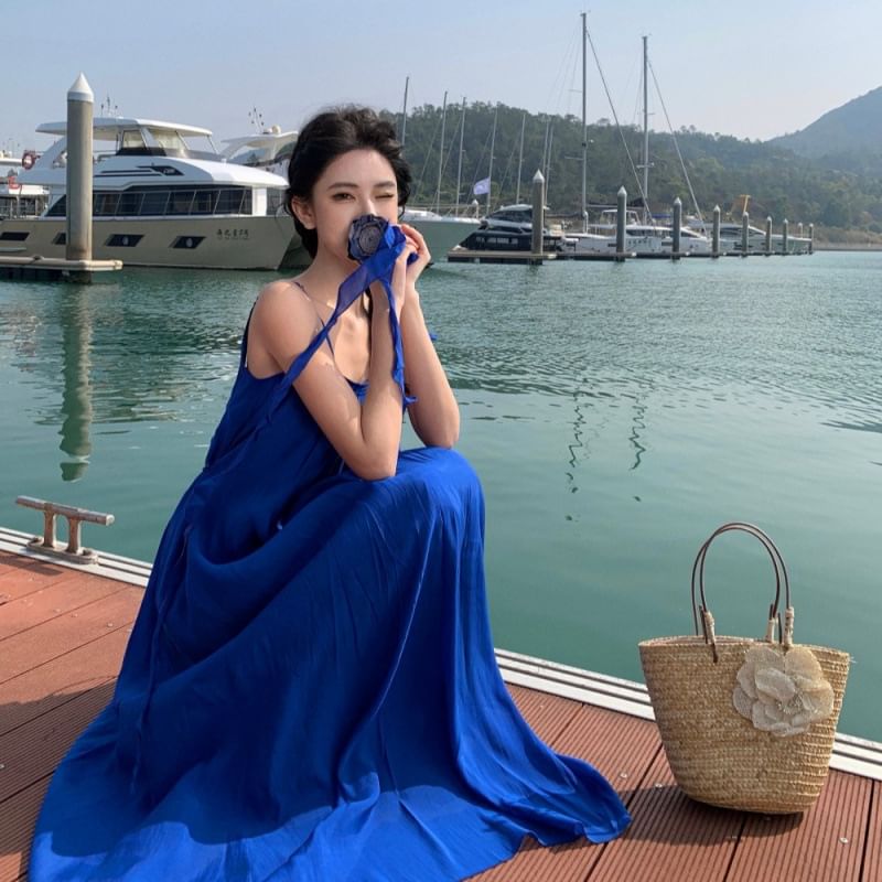 Strap A-Line Maxi Dress Ruffle Scoop Trim Neck Spaghetti Plain