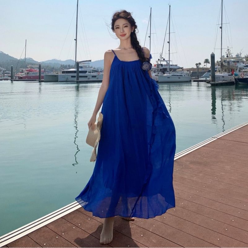 Trim Spaghetti Neck A-Line Dress Plain Maxi Strap Scoop Ruffle