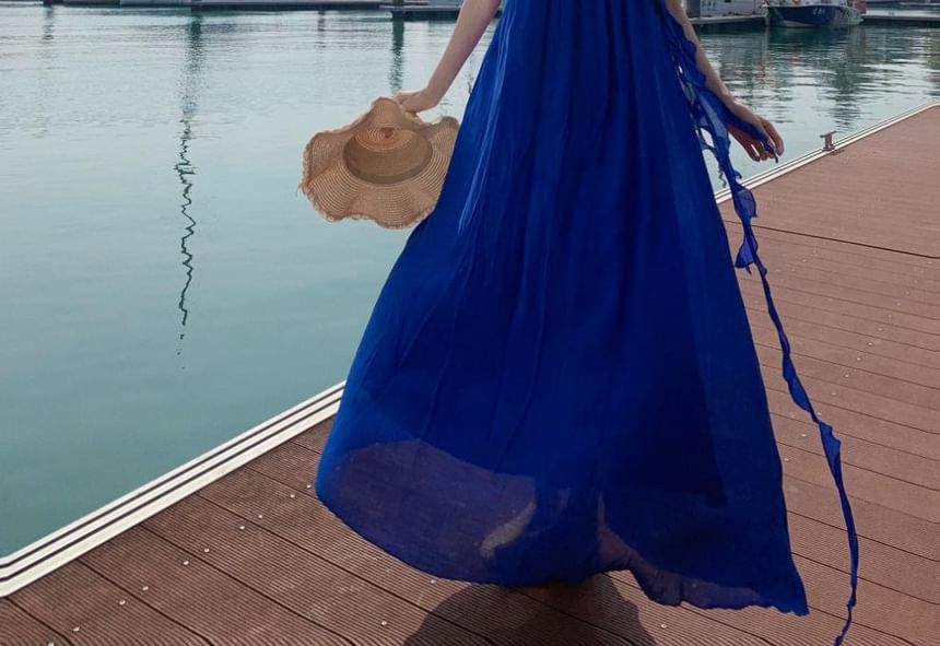 Strap A-Line Maxi Dress Ruffle Scoop Trim Neck Spaghetti Plain