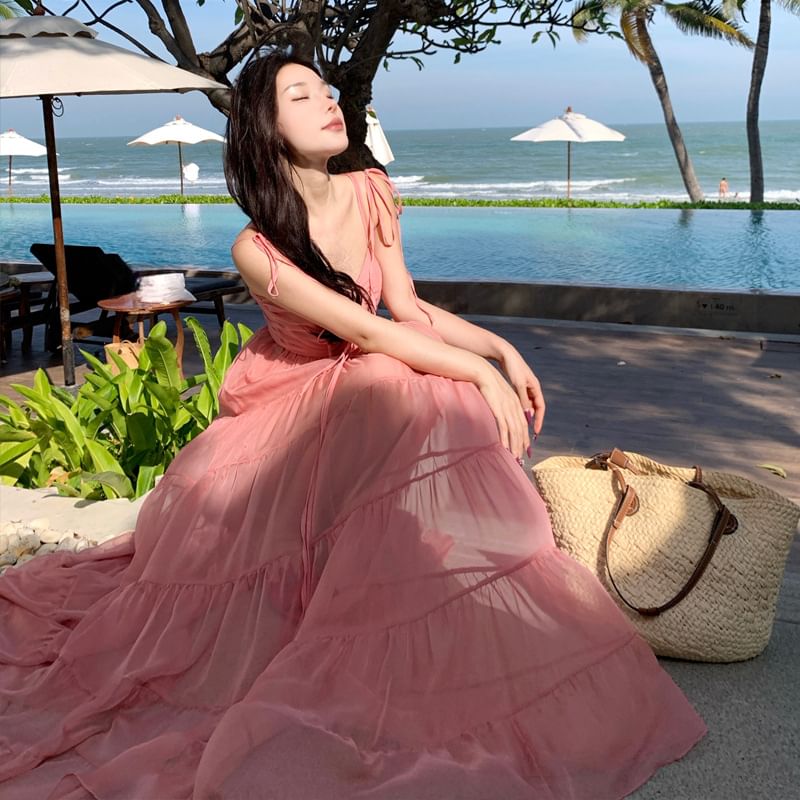 V-Neck Strap Plain Ruffle Spaghetti Maxi Dress A-Line Trim