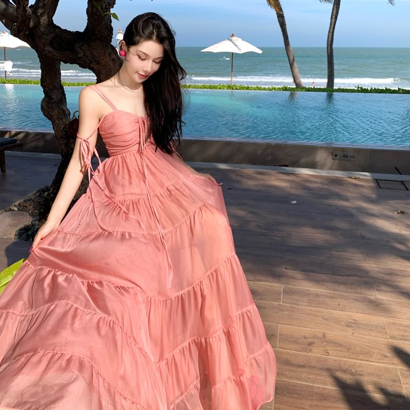 V-Neck Strap Plain Ruffle Spaghetti Maxi Dress A-Line Trim