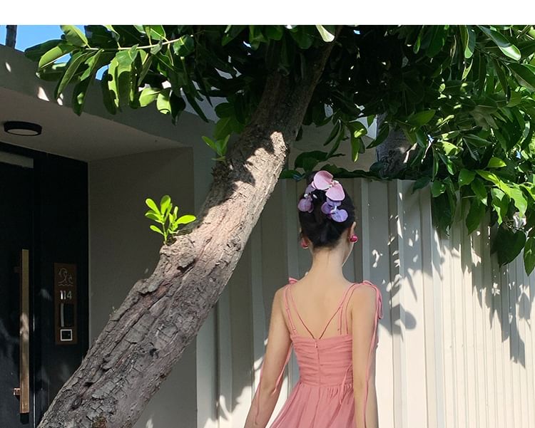 V-Neck Strap Plain Ruffle Spaghetti Maxi Dress A-Line Trim