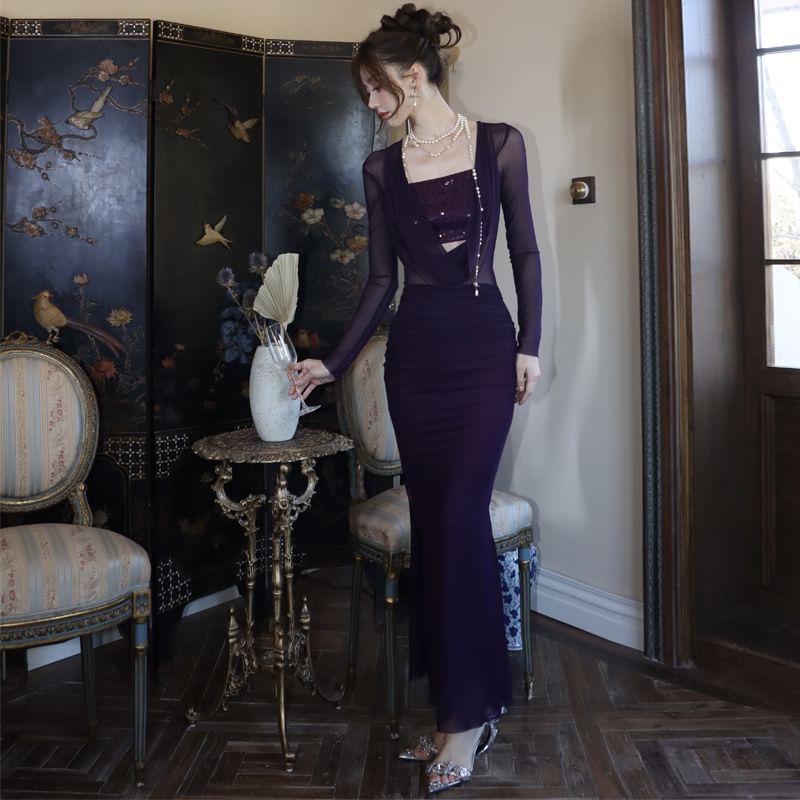 Panel Dress Bodycon Neck Sequined Plain Maxi Sleeve Cowl Long