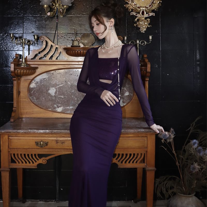 Panel Dress Bodycon Neck Sequined Plain Maxi Sleeve Cowl Long