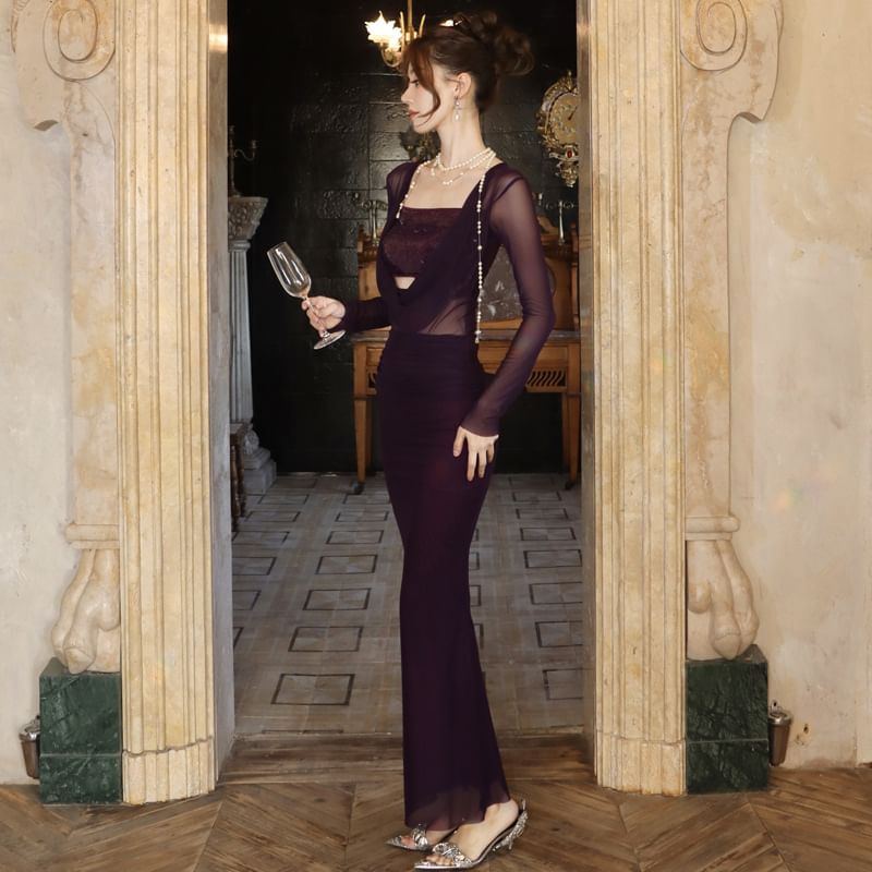 Long Bodycon Panel Dress Cowl Sequined Maxi Neck Sleeve Plain