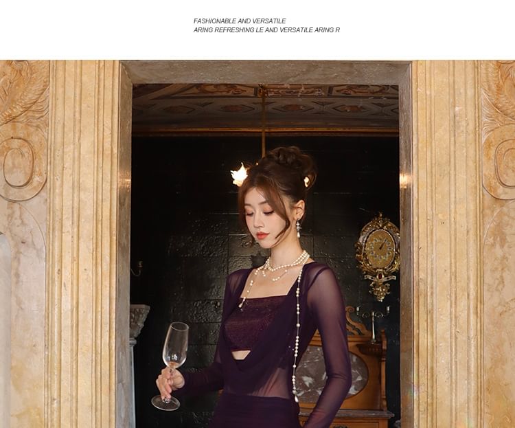 Long Bodycon Panel Dress Cowl Sequined Maxi Neck Sleeve Plain