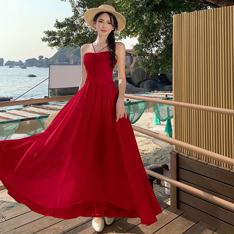 Plain Ruched Maxi Dress A-Line Spaghetti Strap