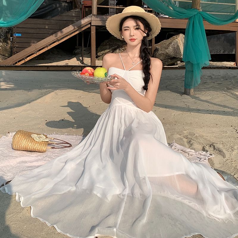 Plain Ruched Maxi Dress A-Line Spaghetti Strap