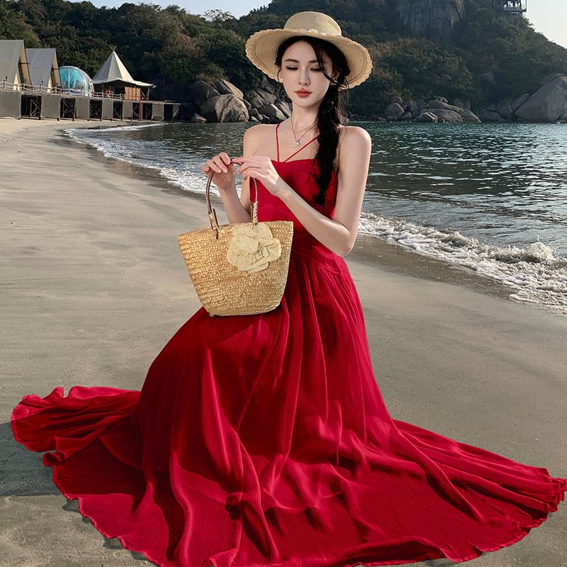 Plain Ruched Maxi Dress A-Line Spaghetti Strap