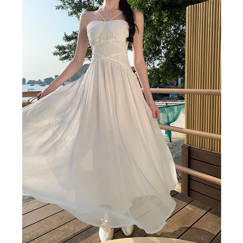 Plain Ruched Maxi Dress A-Line Spaghetti Strap