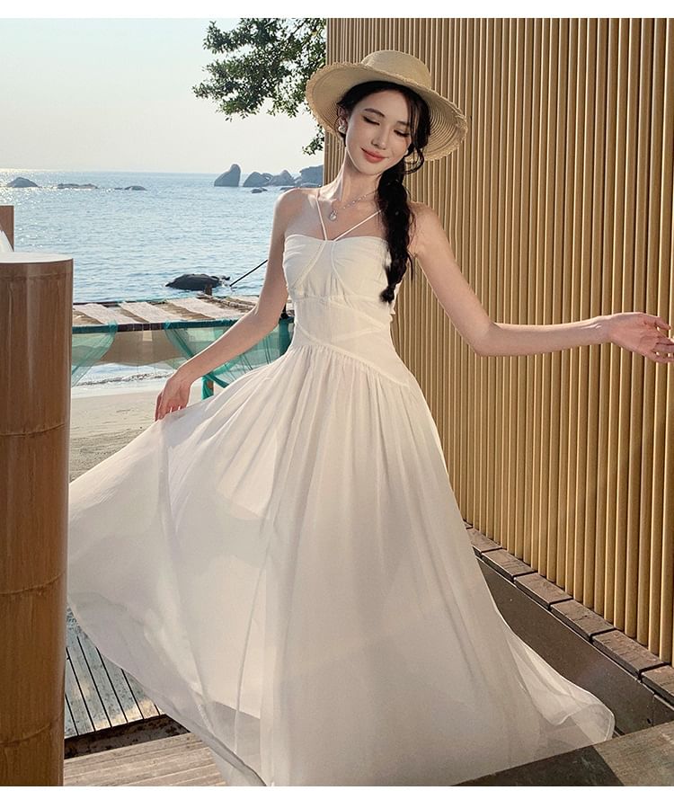 Plain Ruched Maxi Dress A-Line Spaghetti Strap