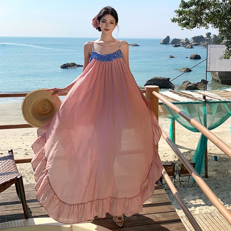 Dress Ruffle Maxi A-Line Hem Panel Strap Spaghetti Sequined