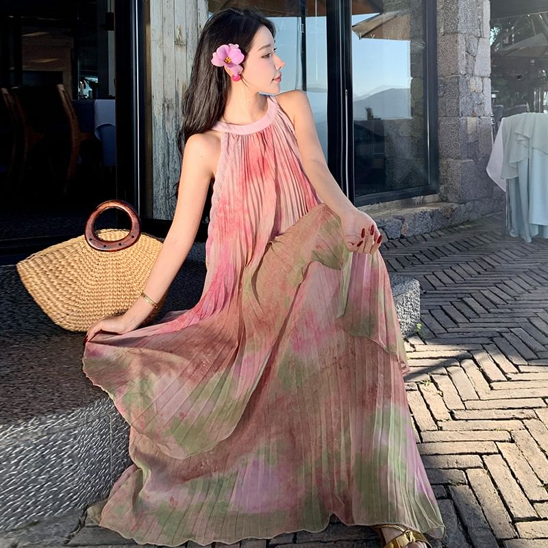 Maxi A-Line Dye Crew Sleeveless Neck Dress Pleated Tie