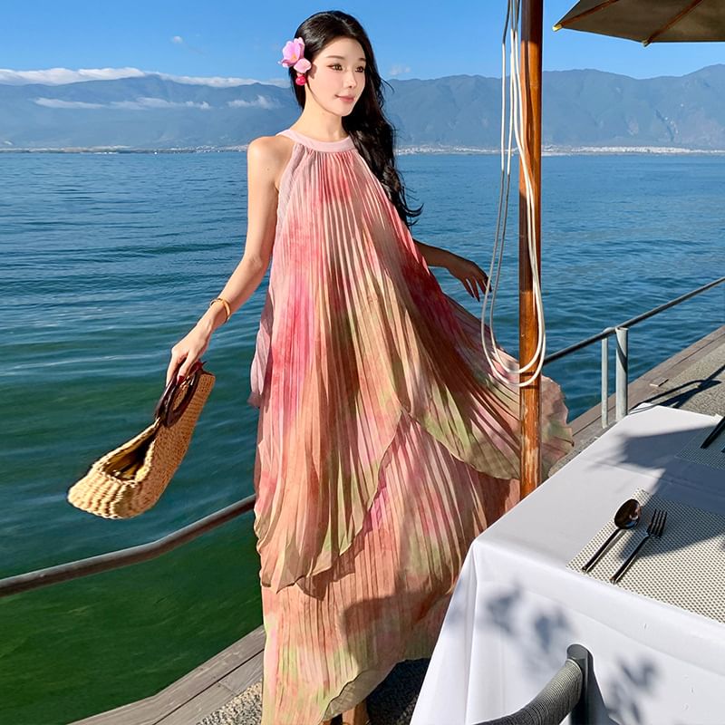 A-Line Pleated Dress Neck Tie Maxi Crew Sleeveless Dye