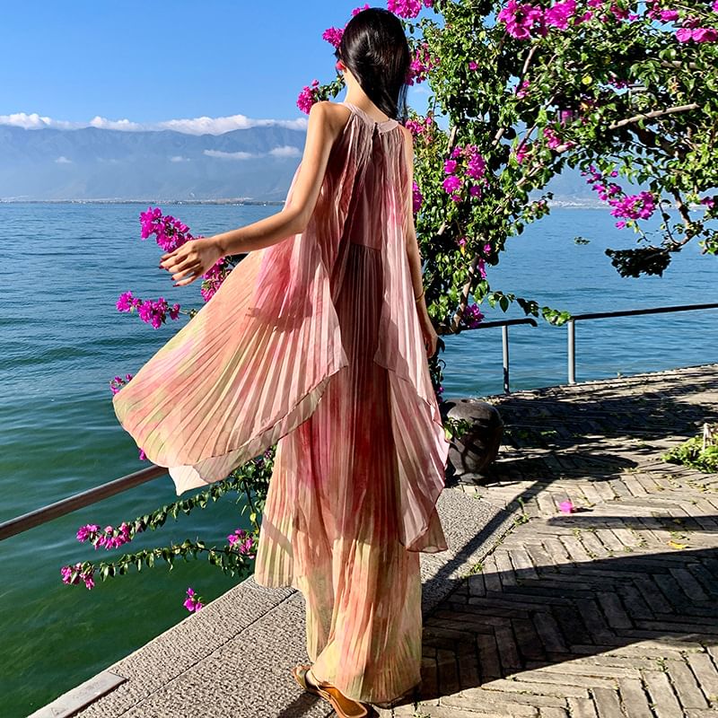 A-Line Pleated Dress Neck Tie Maxi Crew Sleeveless Dye