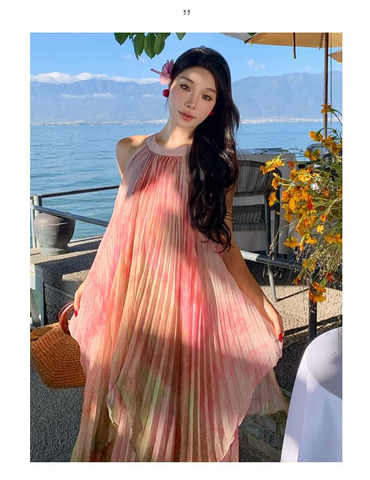 A-Line Pleated Dress Neck Tie Maxi Crew Sleeveless Dye