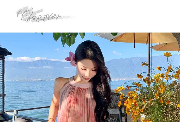 A-Line Pleated Dress Neck Tie Maxi Crew Sleeveless Dye