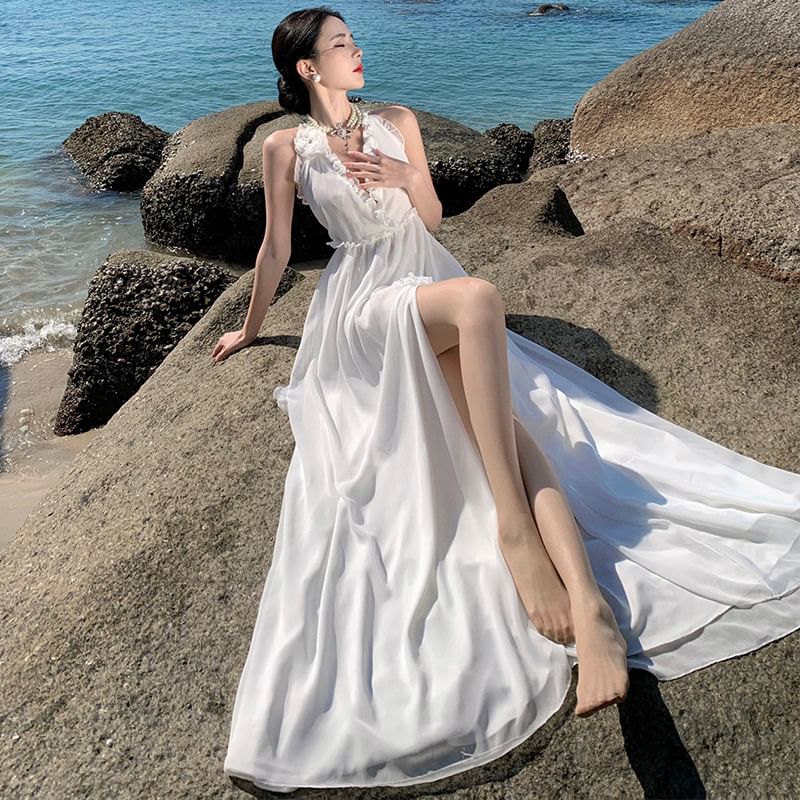 V-Neck Dress Plain Maxi A-Line Sleeveless Slit