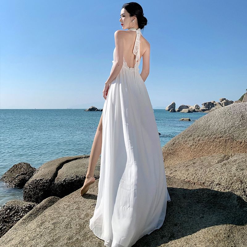 Slit Dress Sleeveless Plain V-Neck A-Line Maxi